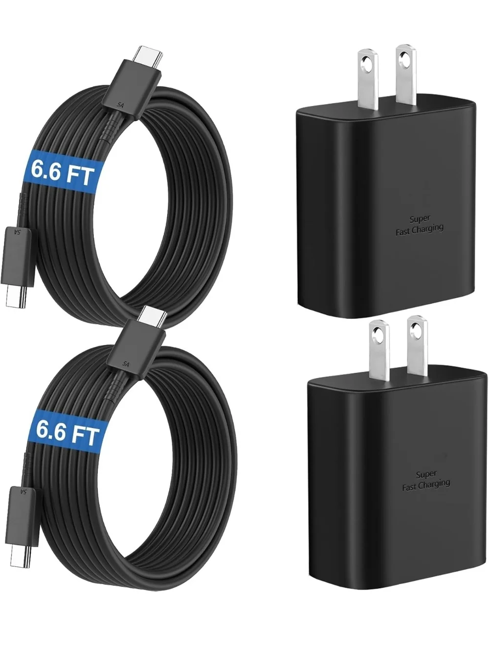 Fast Charging USB-C Wall Charger & 6.6ft Cables - Black (2 Pack)